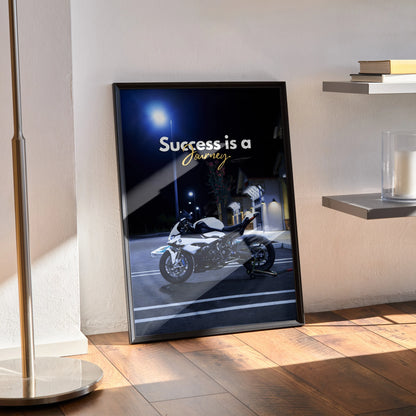 BMW S1000RR poster wall art with "Success is a Journey" motivational text in black frame.