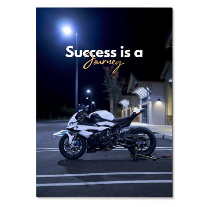 BMW S1000RR motorcycle poster with "Success is a Journey" motivational text wall art.