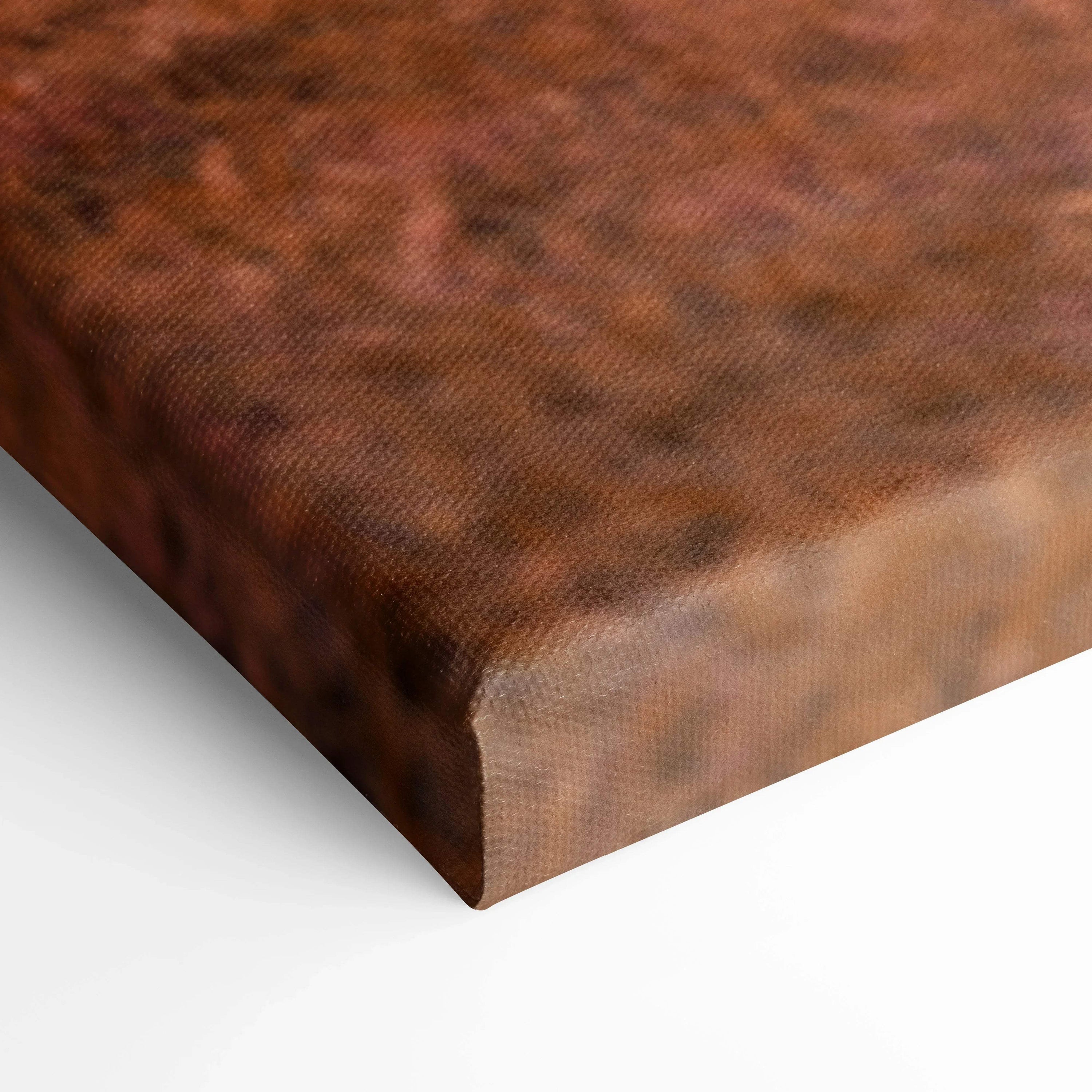 Close-up of textured brown and orange abstract canvas art with museum-quality print on thick gallery wrap wall art.