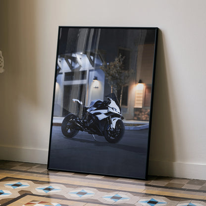 BMW S1000RR racing motorcycle poster in black frame leaning against wall, sleek wall art decor.