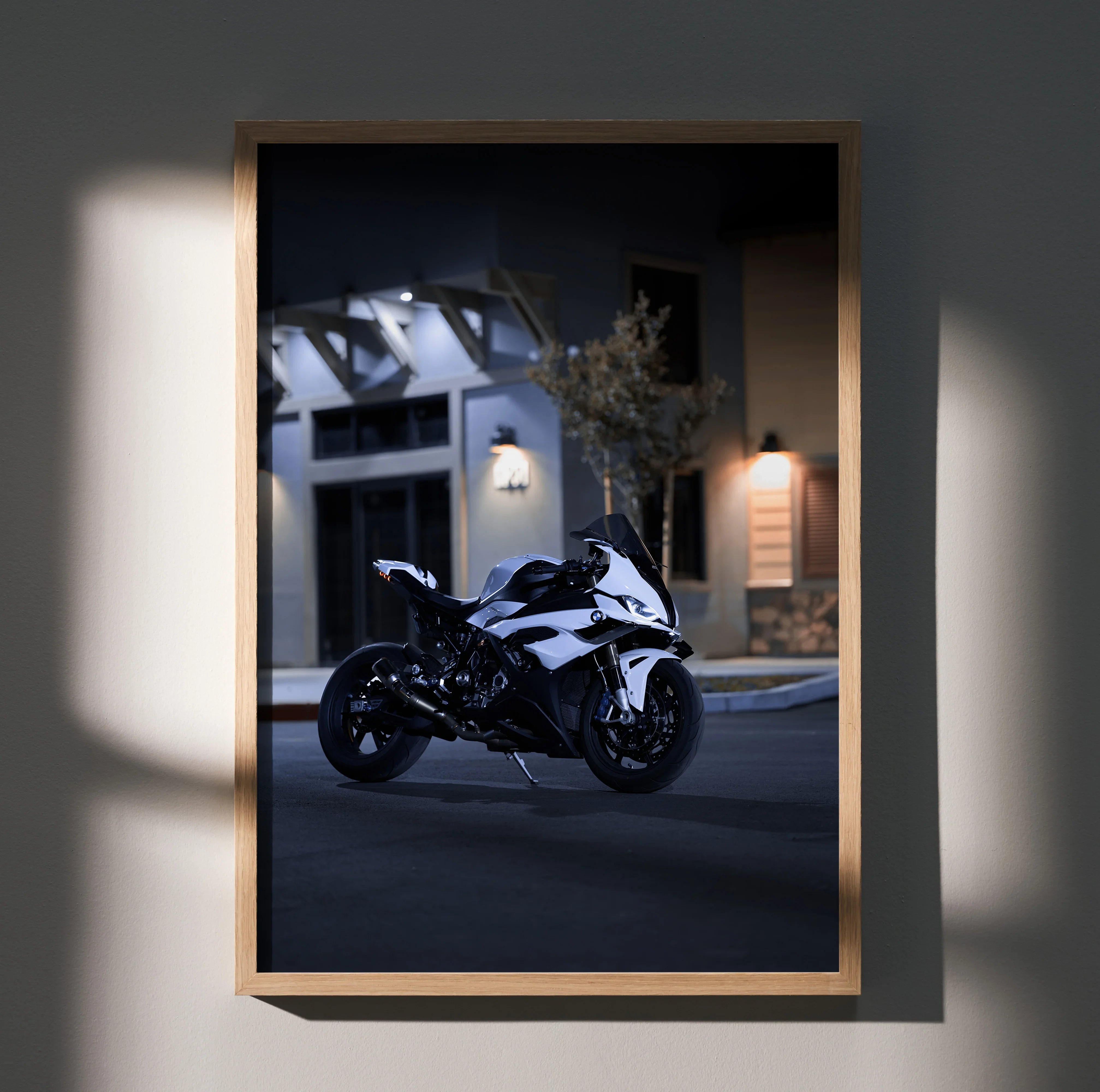 BMW S1000RR motorcycle poster wall art in black and white with sleek racing design.