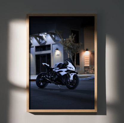 BMW S1000RR motorcycle poster wall art in black and white with sleek racing design.