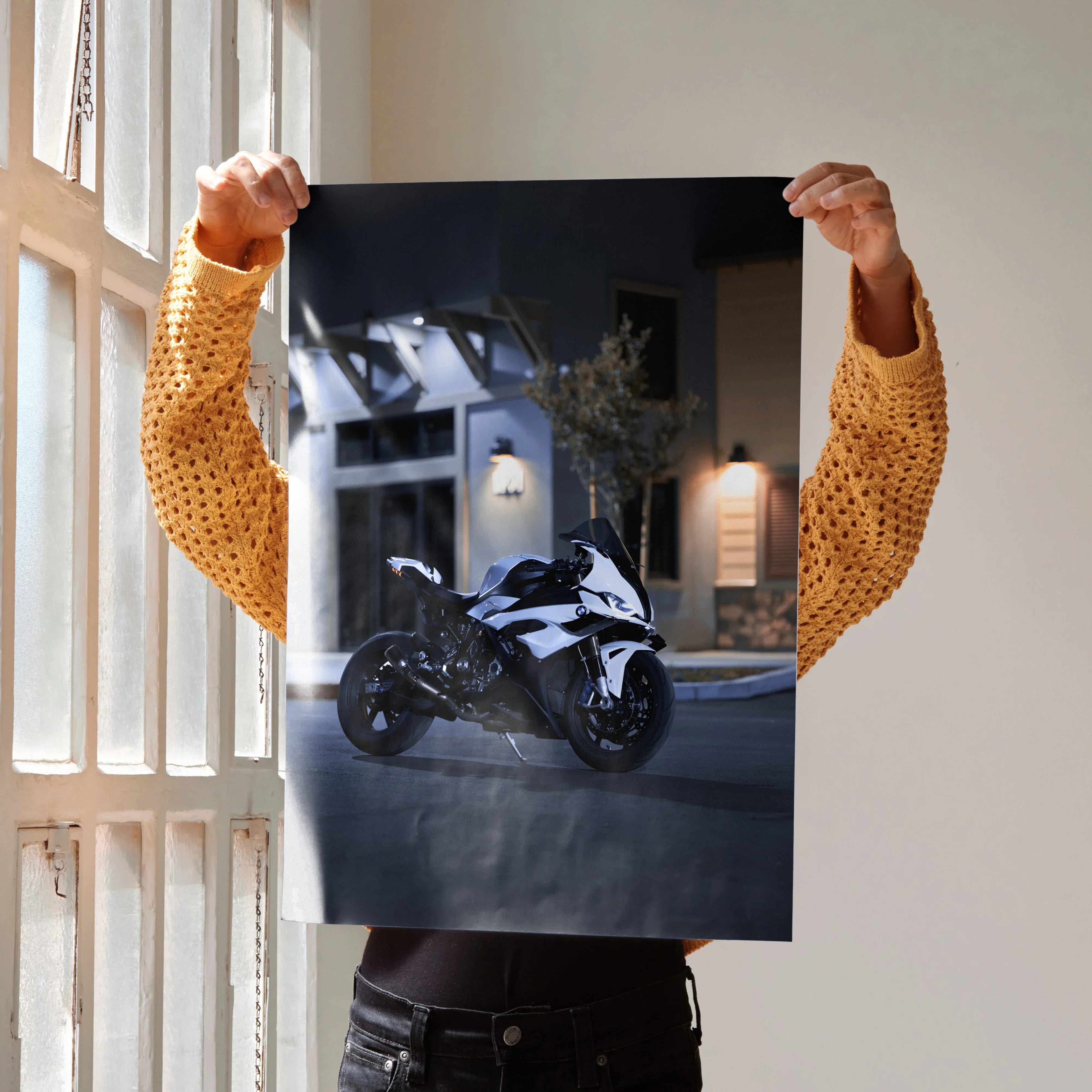 BMW S1000RR racing bike poster with sleek white and black design, modern wall art decor.