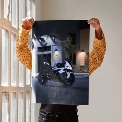 BMW S1000RR racing bike poster with sleek white and black design, modern wall art decor.