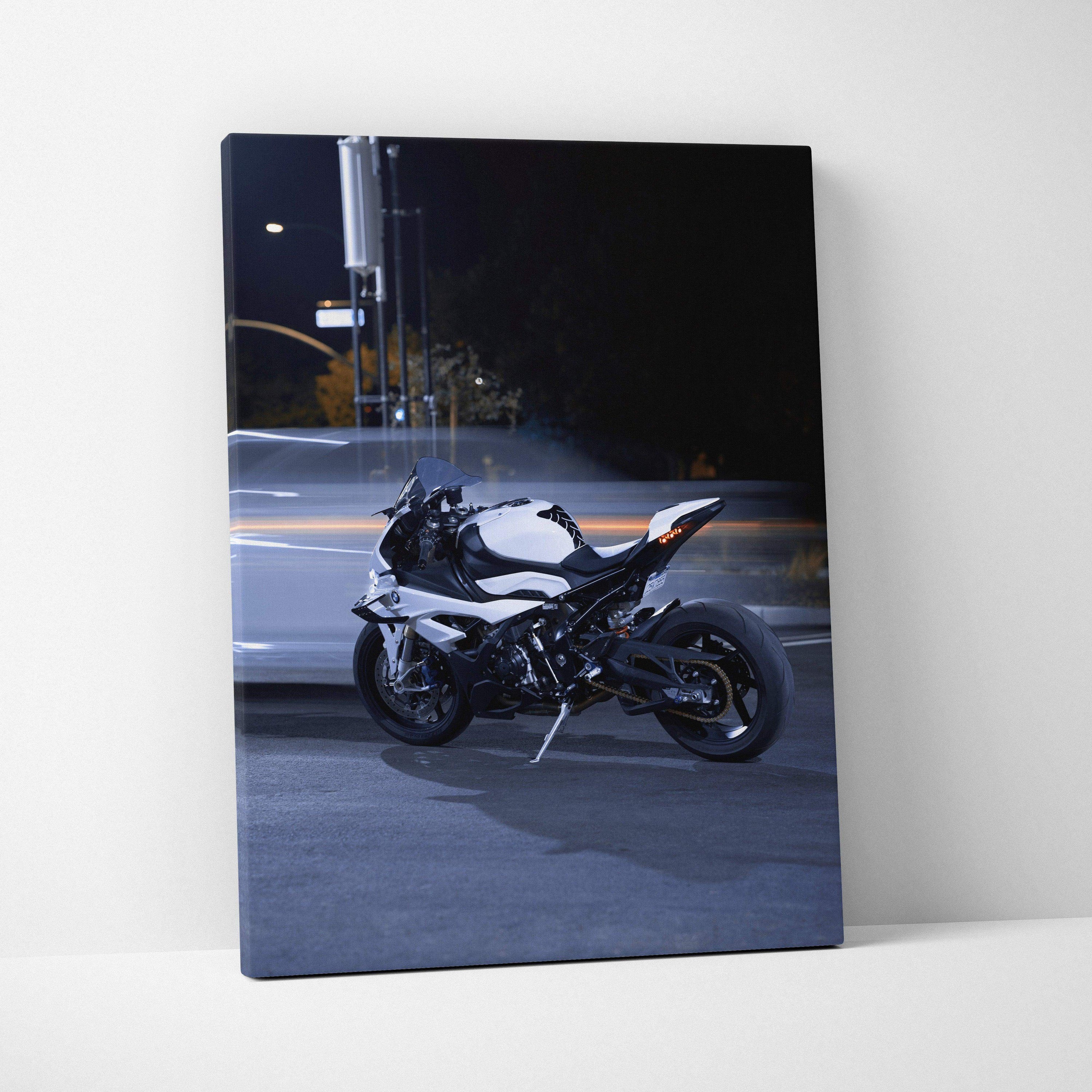 Vertical canvas wall art featuring a high-resolution BMW S1000RR motorcycle at night.