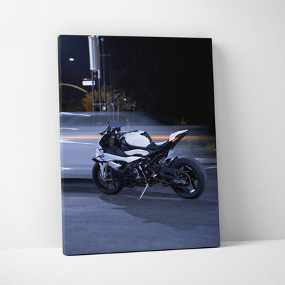 Vertical canvas wall art featuring a high-resolution BMW S1000RR motorcycle at night.