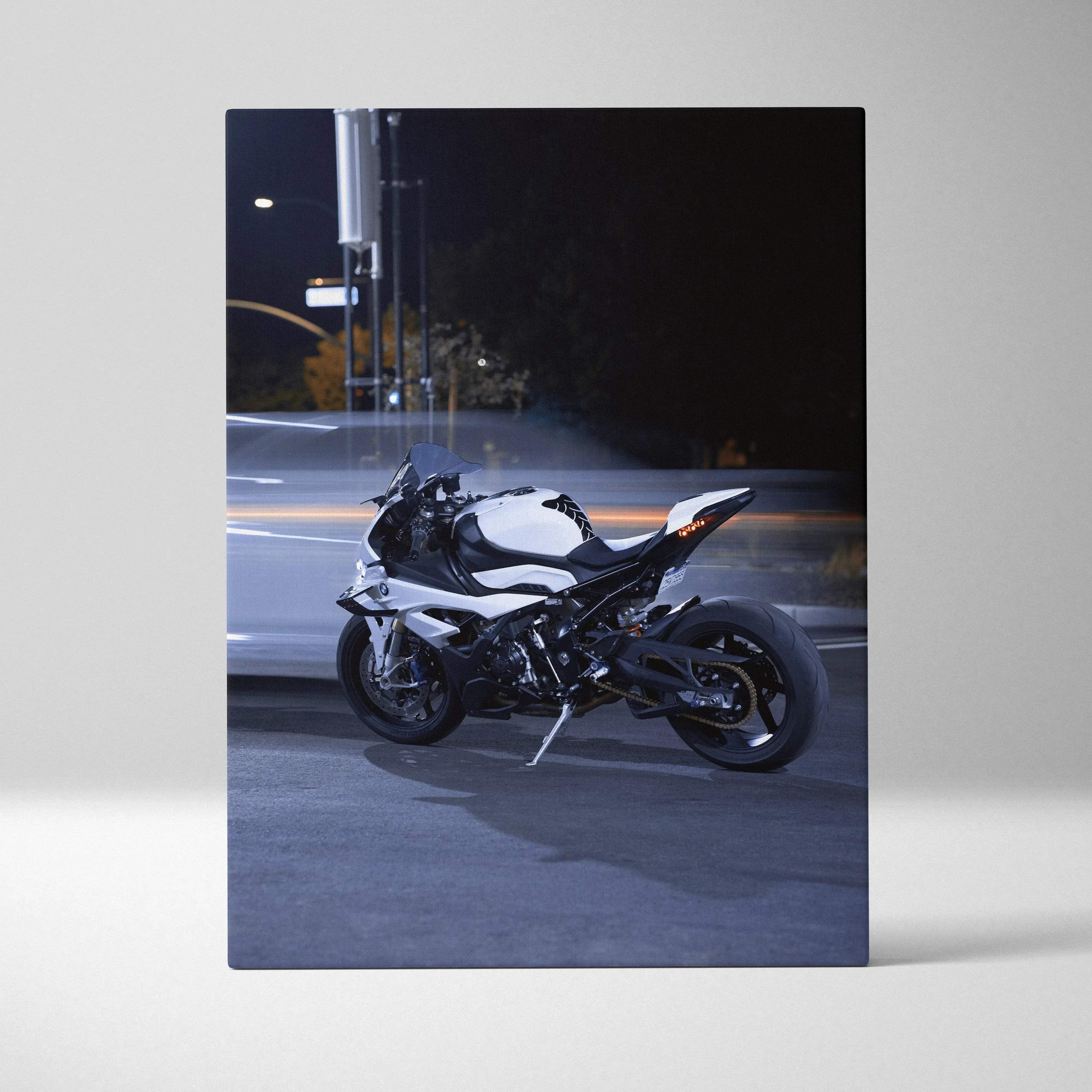 BMW S1000RR motorcycle canvas art with high-resolution night street scene in vertical wall art print.