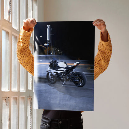 BMW S1000RR motorcycle poster with sleek black and white design, modern wall art.