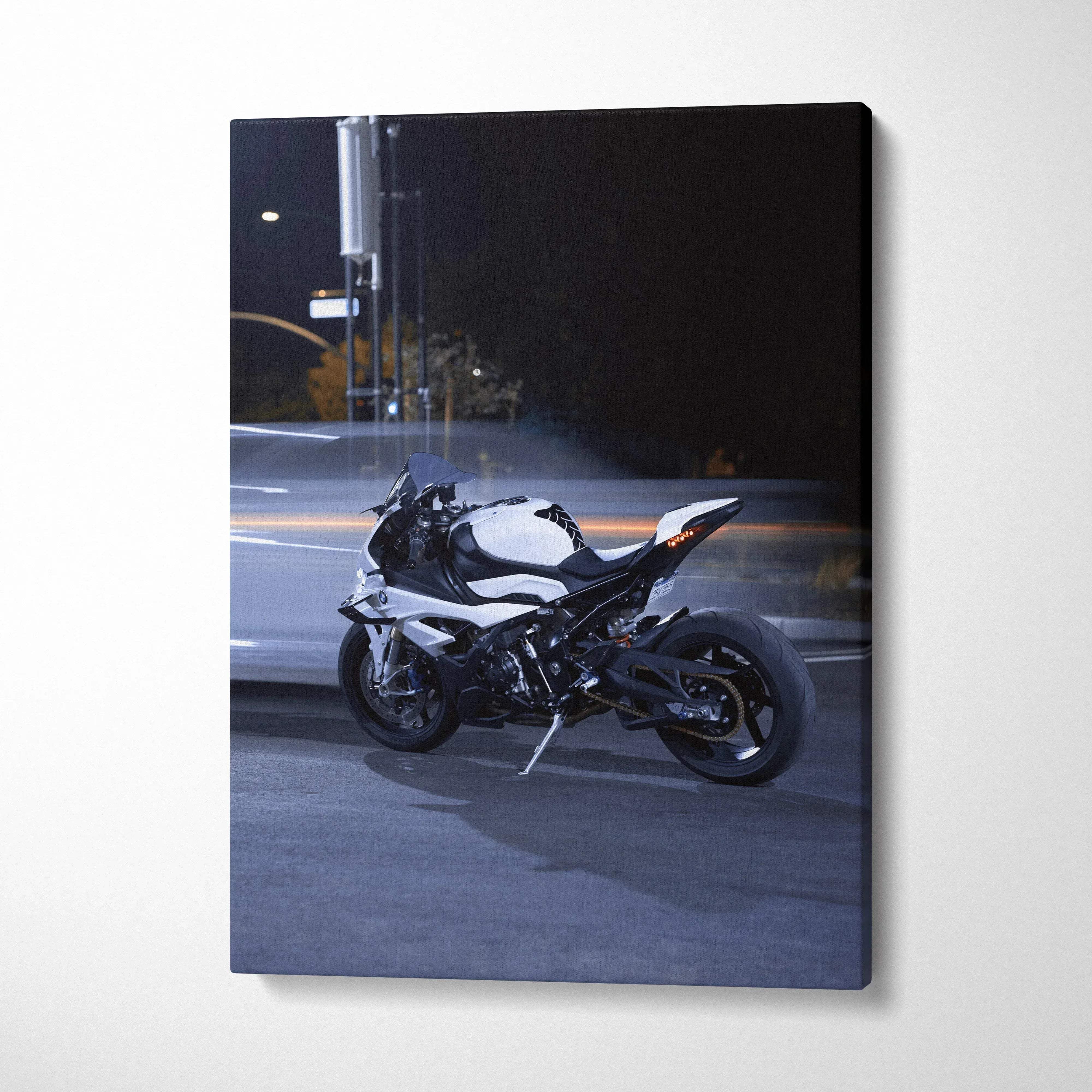 BMW S1000RR motorcycle canvas wall art with sleek black and white design in vertical format.