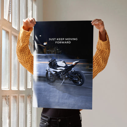 Motivational wall art poster featuring BMW S1000RR with inspiring "Just Keep Moving Forward" text.