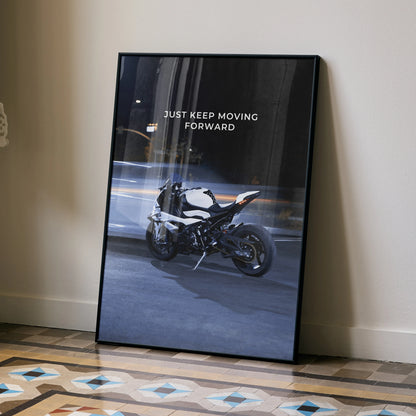Motivational poster wall art featuring a sleek BMW S1000RR motorcycle with inspiring text on dark background.