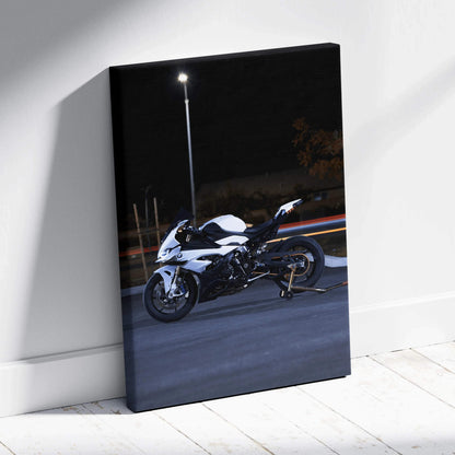 BMW S1000RR motorcycle canvas art with dark background, sleek wall art on vertical canvas.
