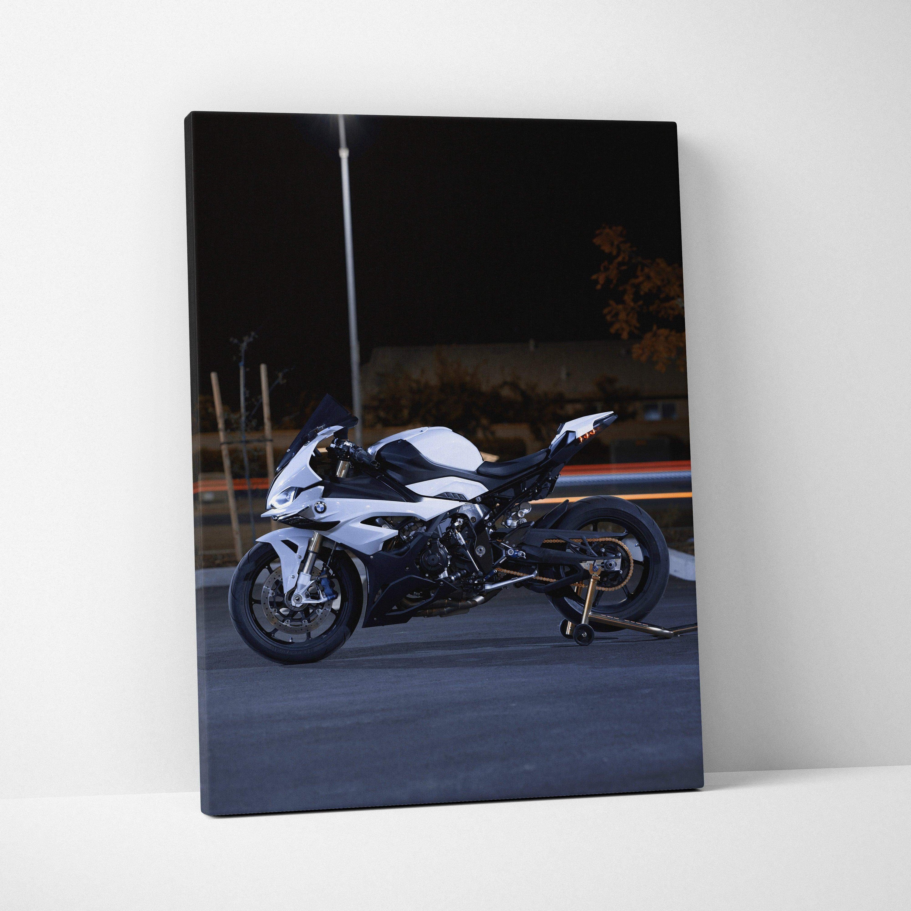 BMW S1000RR motorcycle canvas art with night street backdrop, high-resolution wall art print.