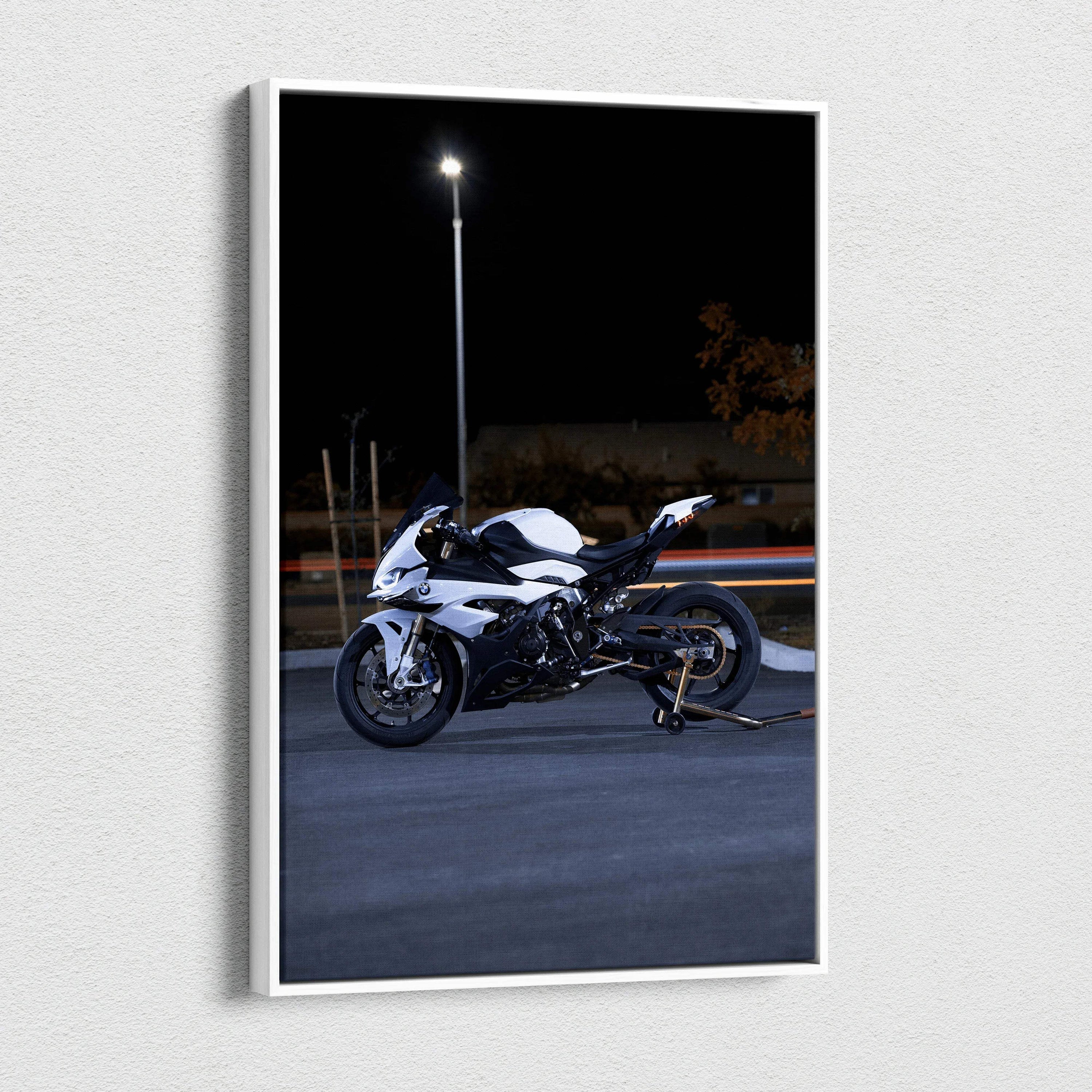 BMW S1000RR motorcycle at night on vertical canvas wall art with high-resolution detail.