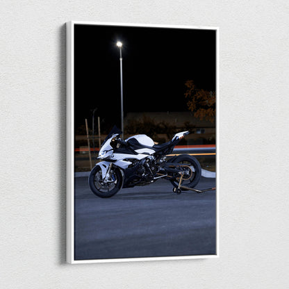 BMW S1000RR motorcycle at night on vertical canvas wall art with high-resolution detail.