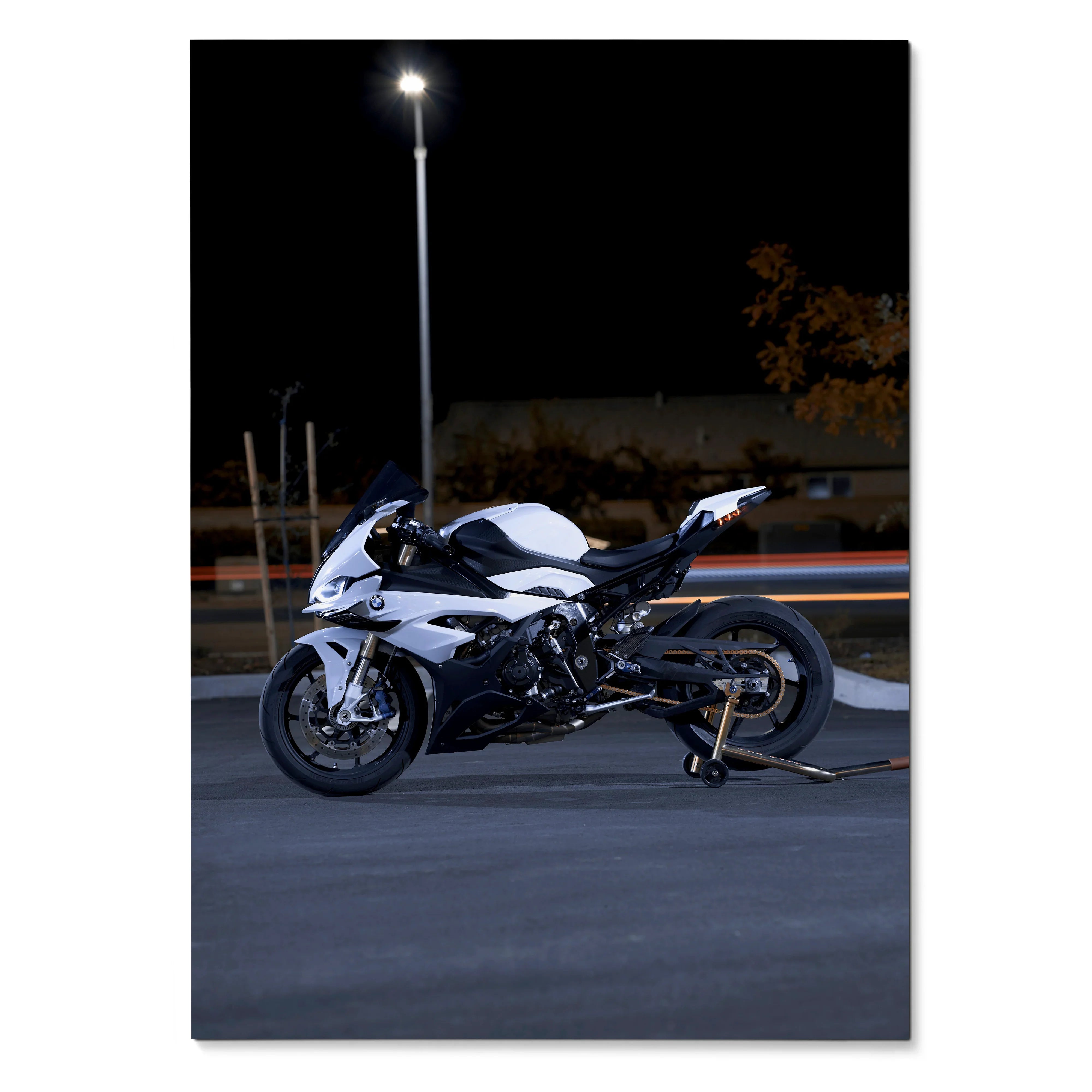 BMW S1000RR motorcycle poster with black and white bike under streetlight, wall art print.