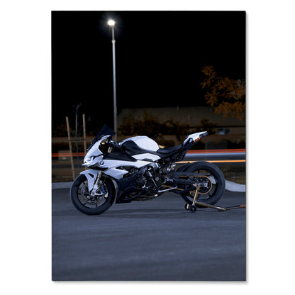 BMW S1000RR motorcycle poster with black and white bike under streetlight, wall art print.