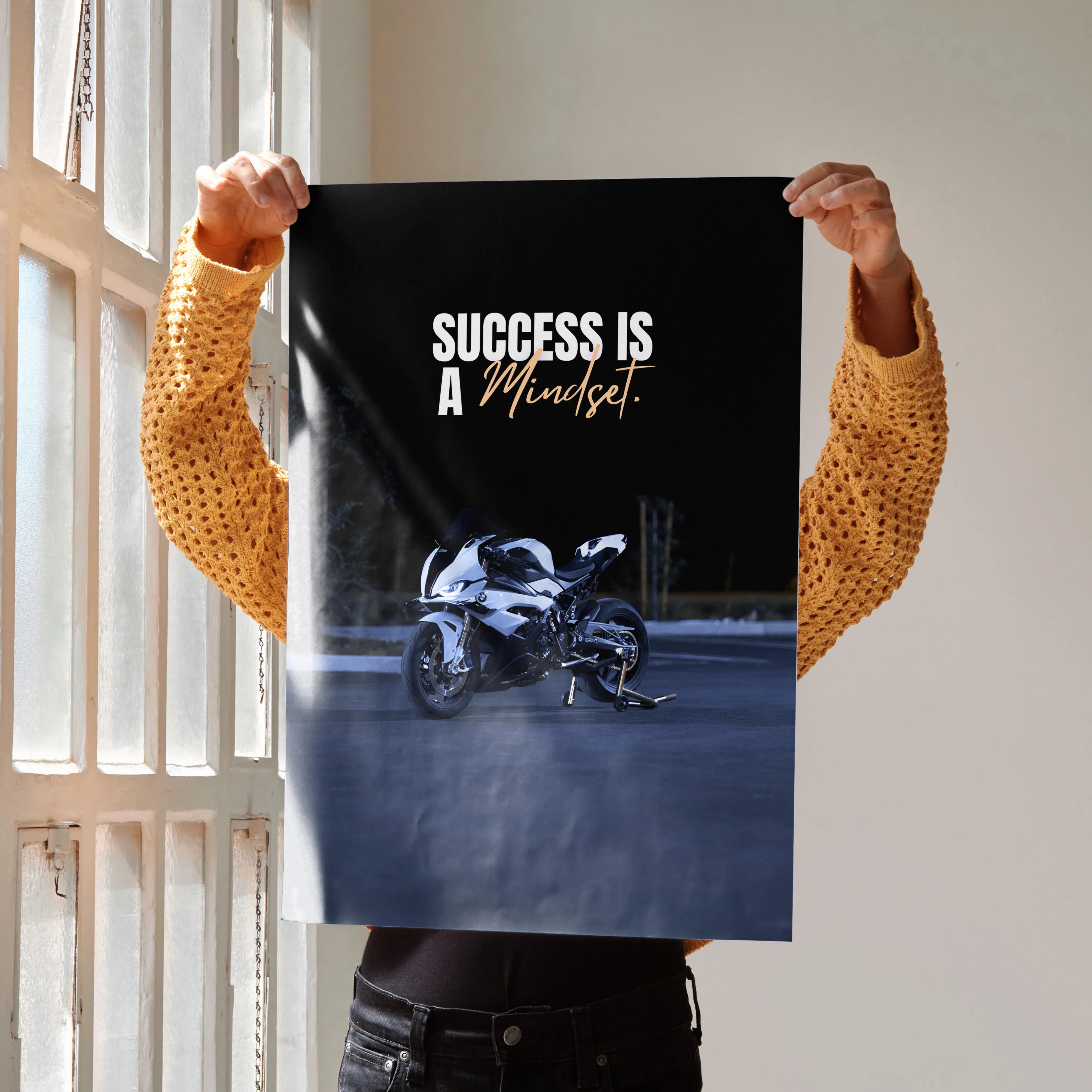 Motivational poster featuring BMW S1000RR motorcycle with success quote, black wall art.