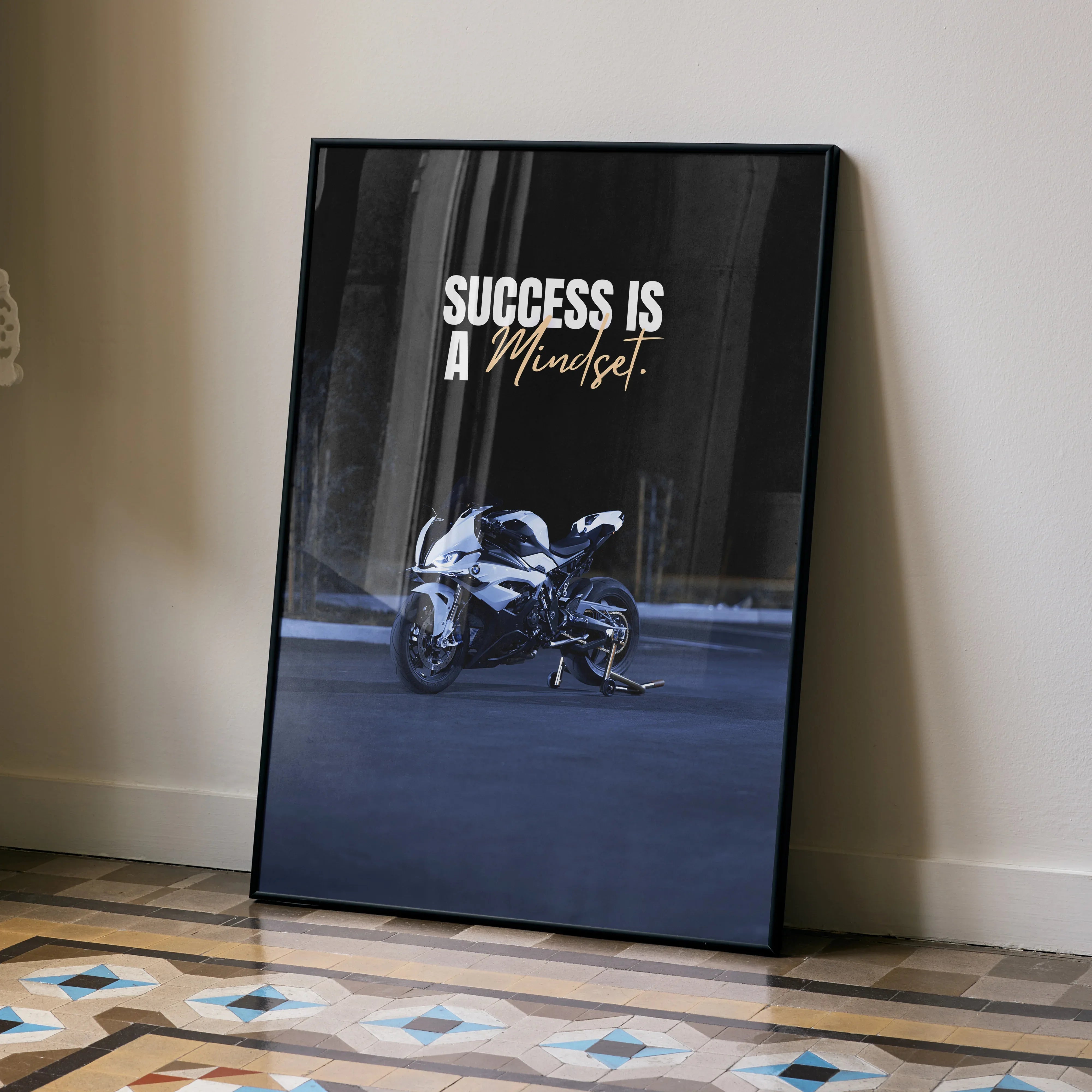 Motivational poster featuring BMW S1000RR motorcycle with "Success is a mindset" text, black wall art.