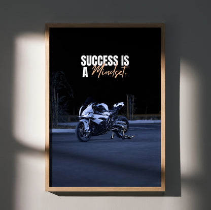Motivational poster wall art featuring BMW S1000RR motorcycle with "Success is a mindset" text on black background.