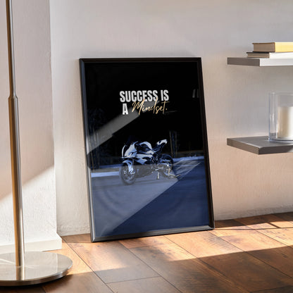 Motivational poster wall art with BMW S1000RR motorcycle and "Success is addictive" text in black frame.