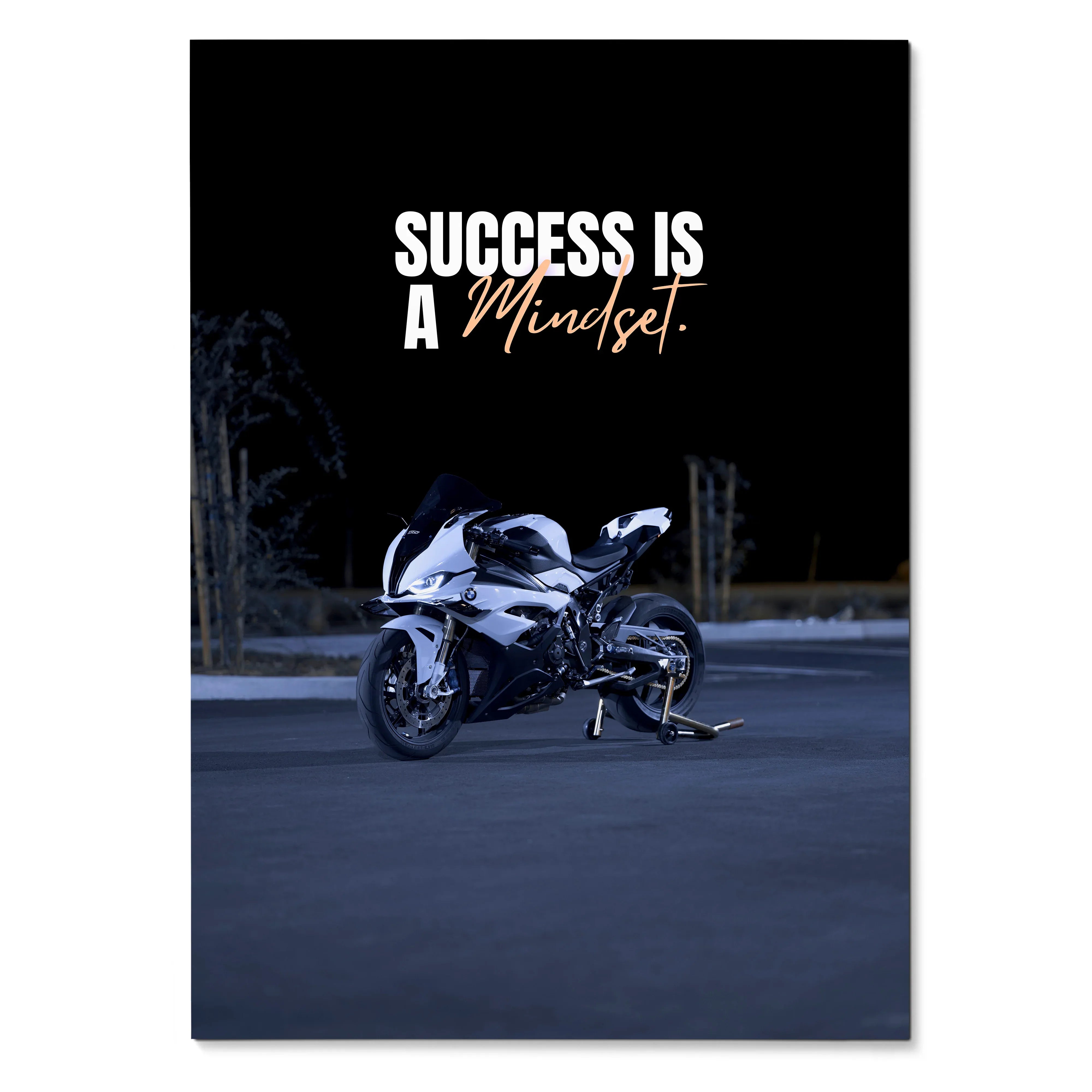 Motivational poster with white and black BMW S1000RR motorcycle and "Success is a Mindset" text on black background wall art.