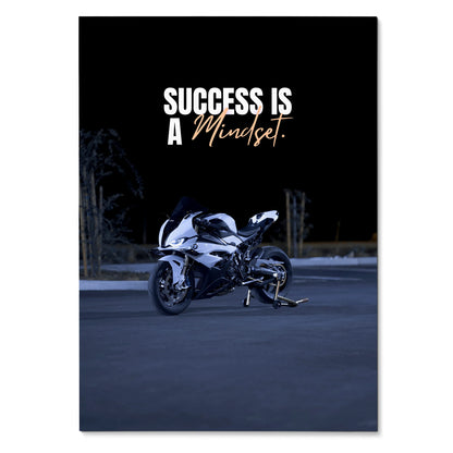 Motivational poster with white and black BMW S1000RR motorcycle and "Success is a Mindset" text on black background wall art.