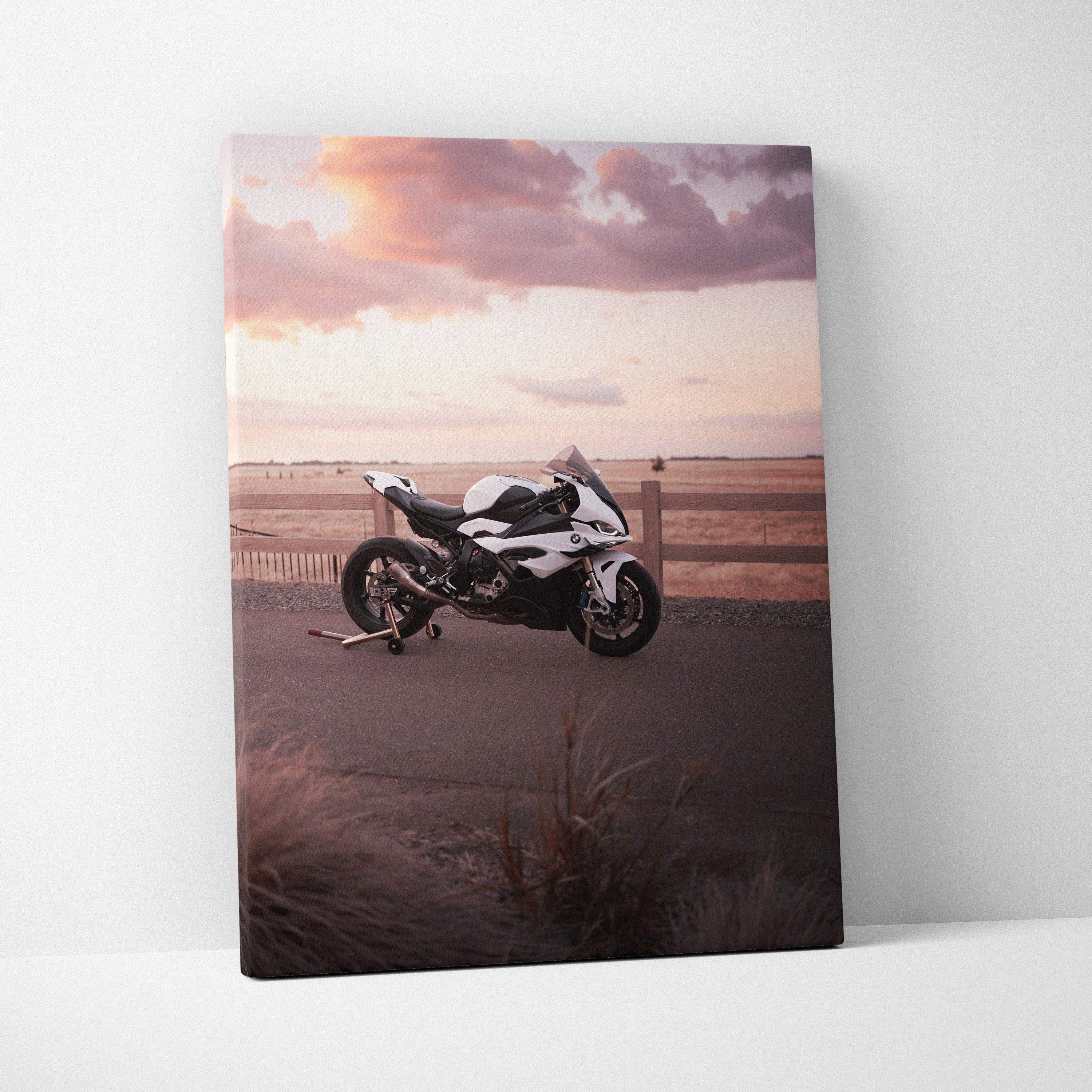 BMW S1000RR motorcycle at sunset canvas wall art with high-resolution museum quality finish.