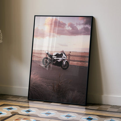 BMW S1000RR motorcycle poster wall art with sunset and road background in premium satin finish.