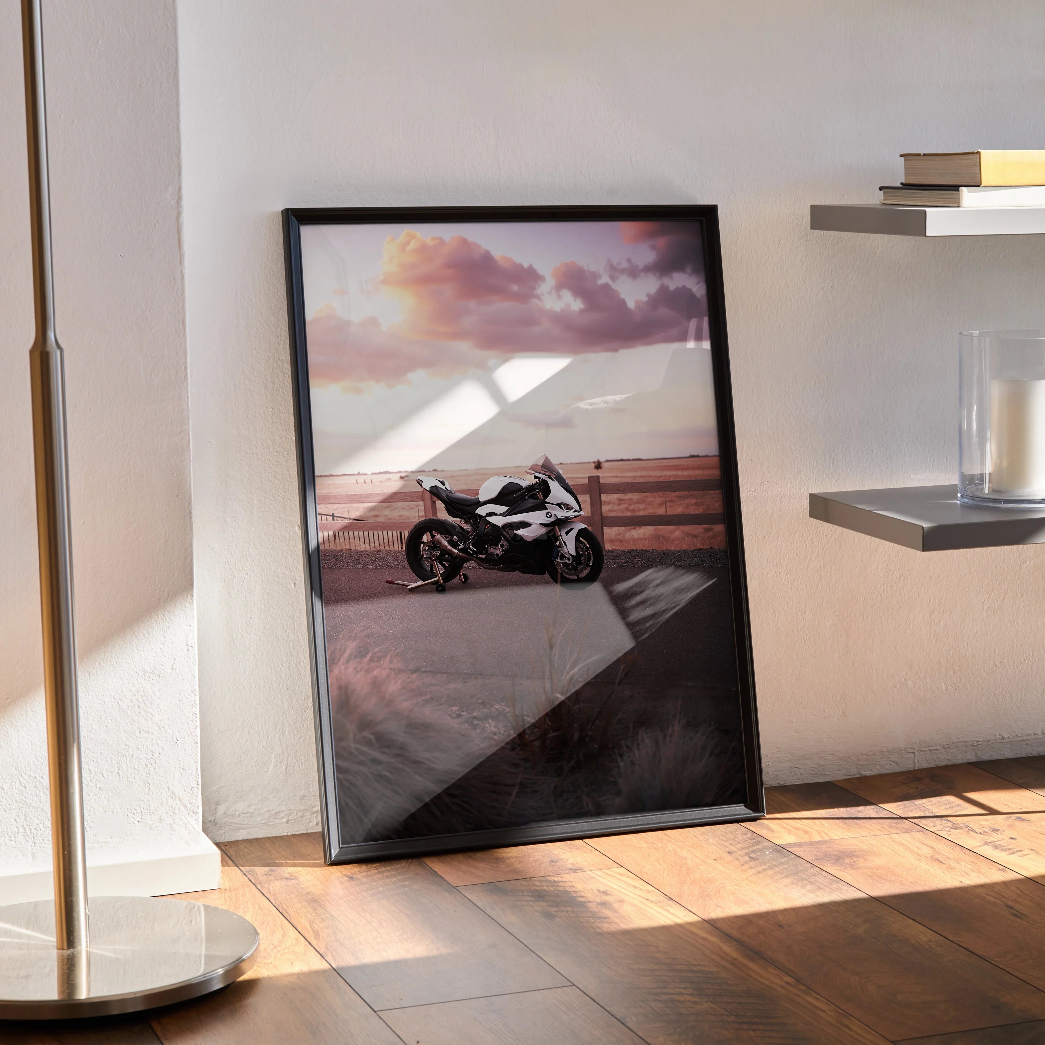 BMW S1000RR motorcycle poster with sunset background in black frame wall art.