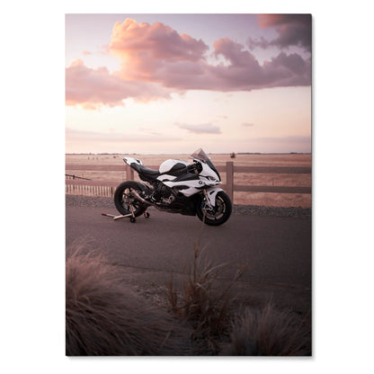 BMW S1000RR motorcycle poster with sunset beach background, premium satin wall art.