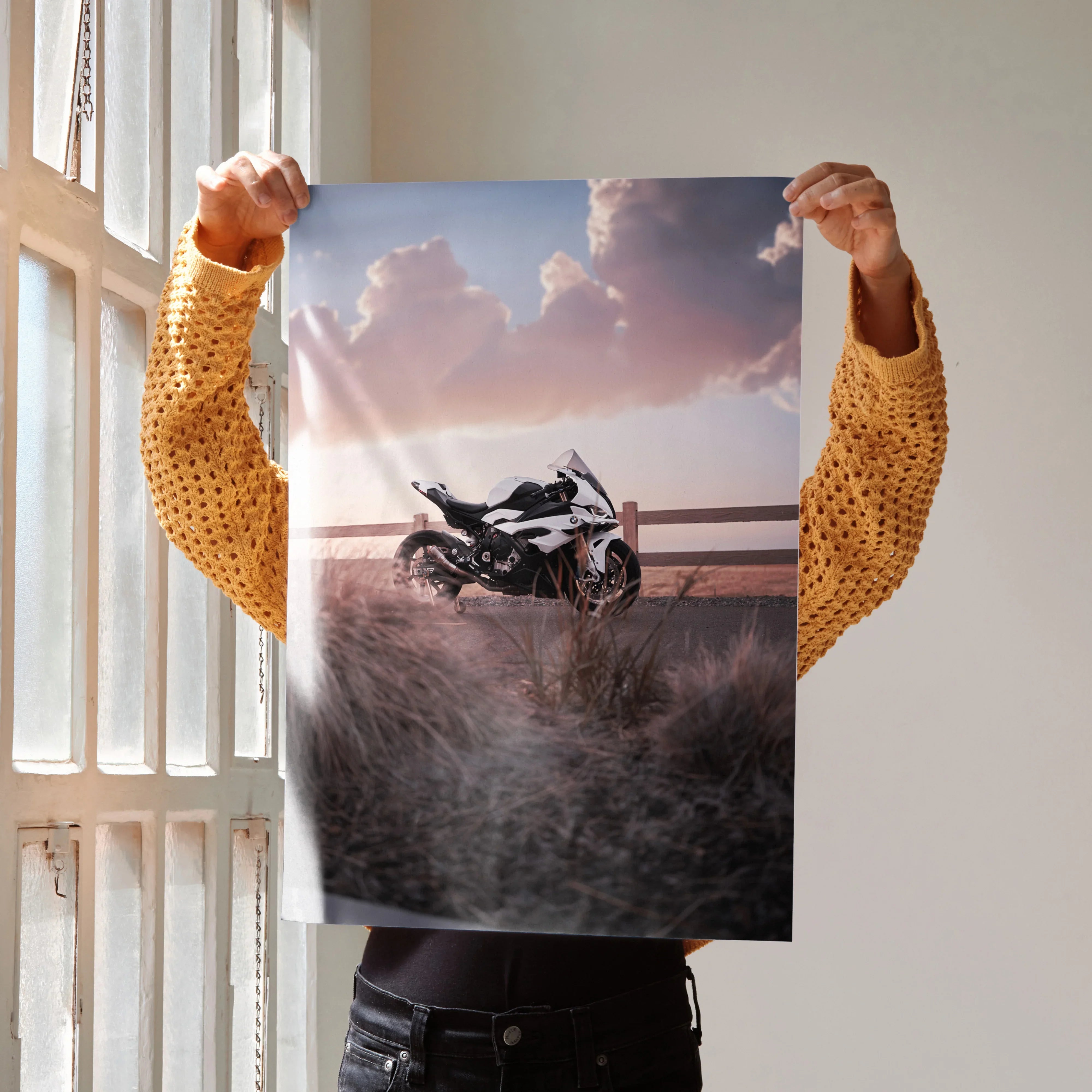 BMW S1000RR motorcycle poster with sunset background and tall grass, stylish wall art.