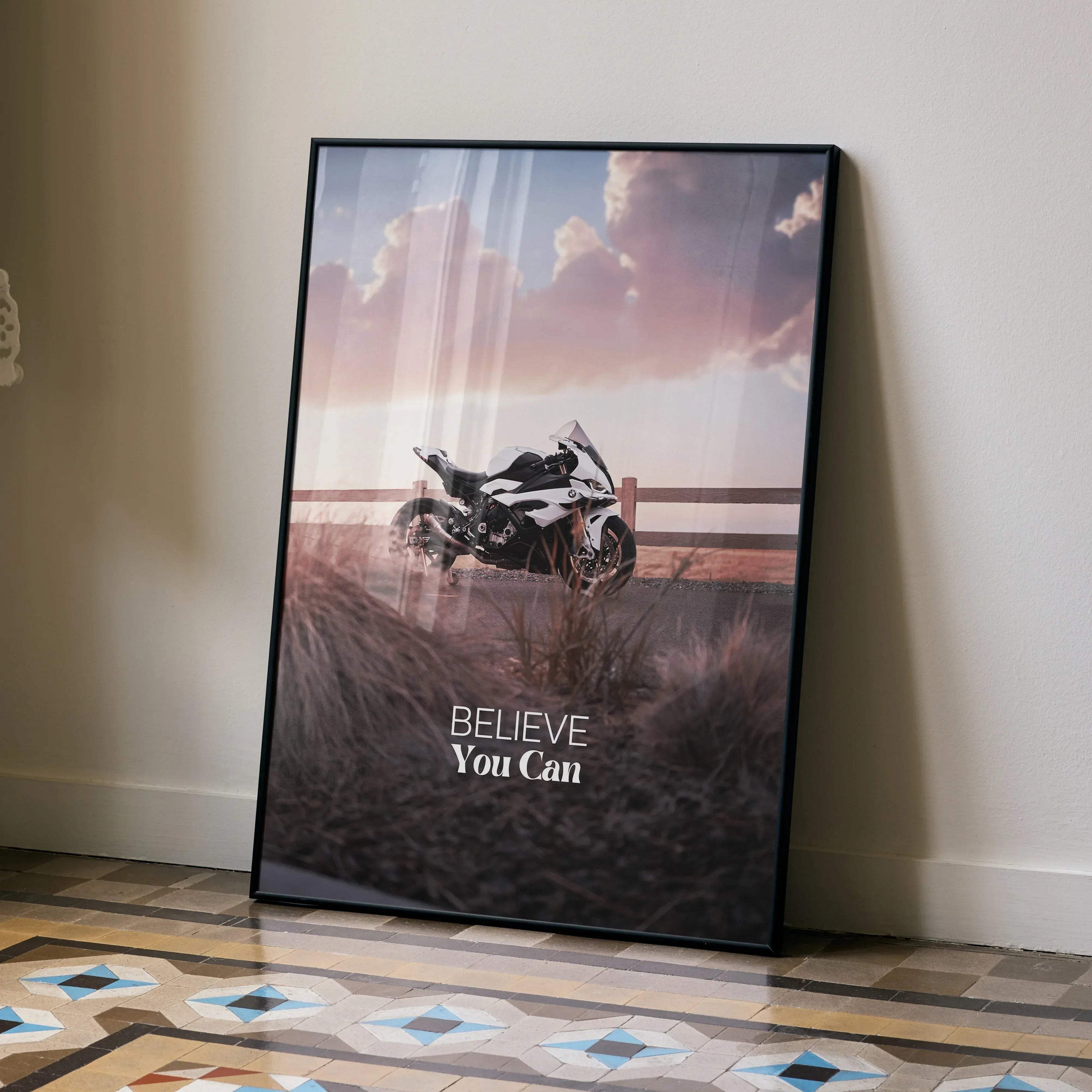 BMW S1000RR motorcycle poster with inspirational "Believe You Can" text, wall art in black frame.