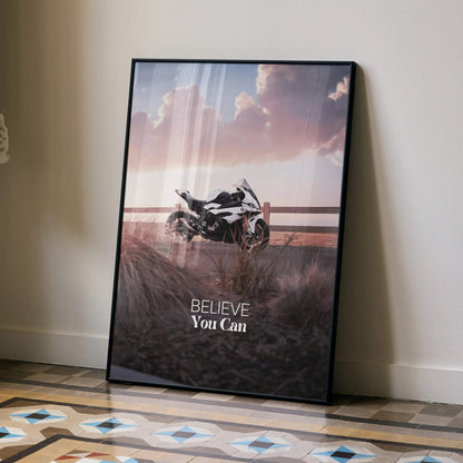 BMW S1000RR motorcycle poster with inspirational "Believe You Can" text, wall art in black frame.