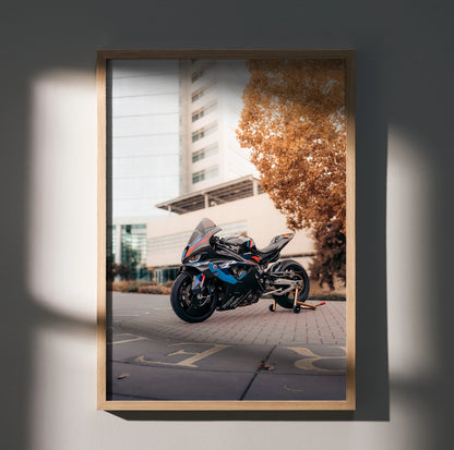 BMW M1000RR motorcycle poster with sunset and autumn tree, stylish wall art for bike lovers.