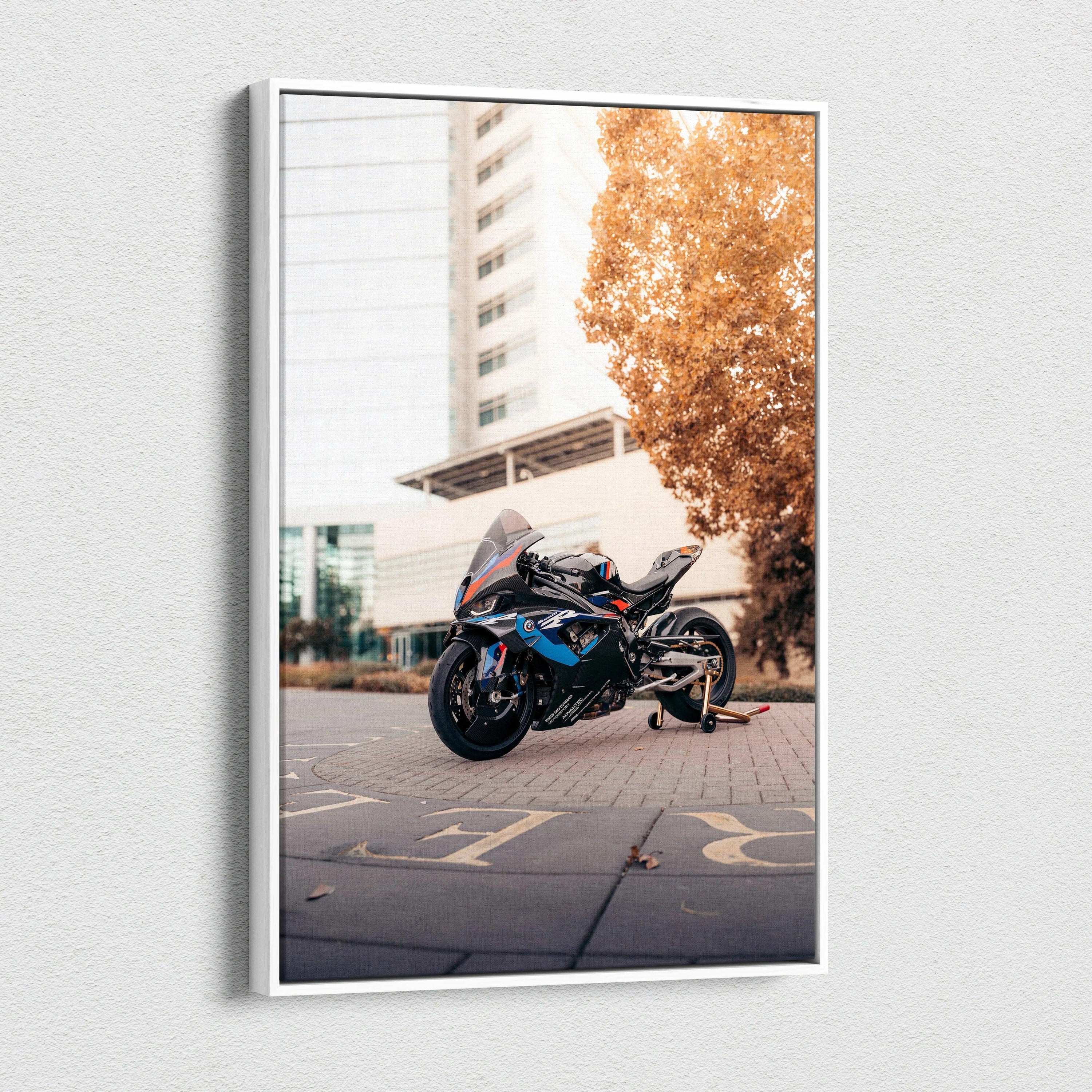 BMW M1000RR motorcycle canvas wall art with urban background and warm fall tones.
