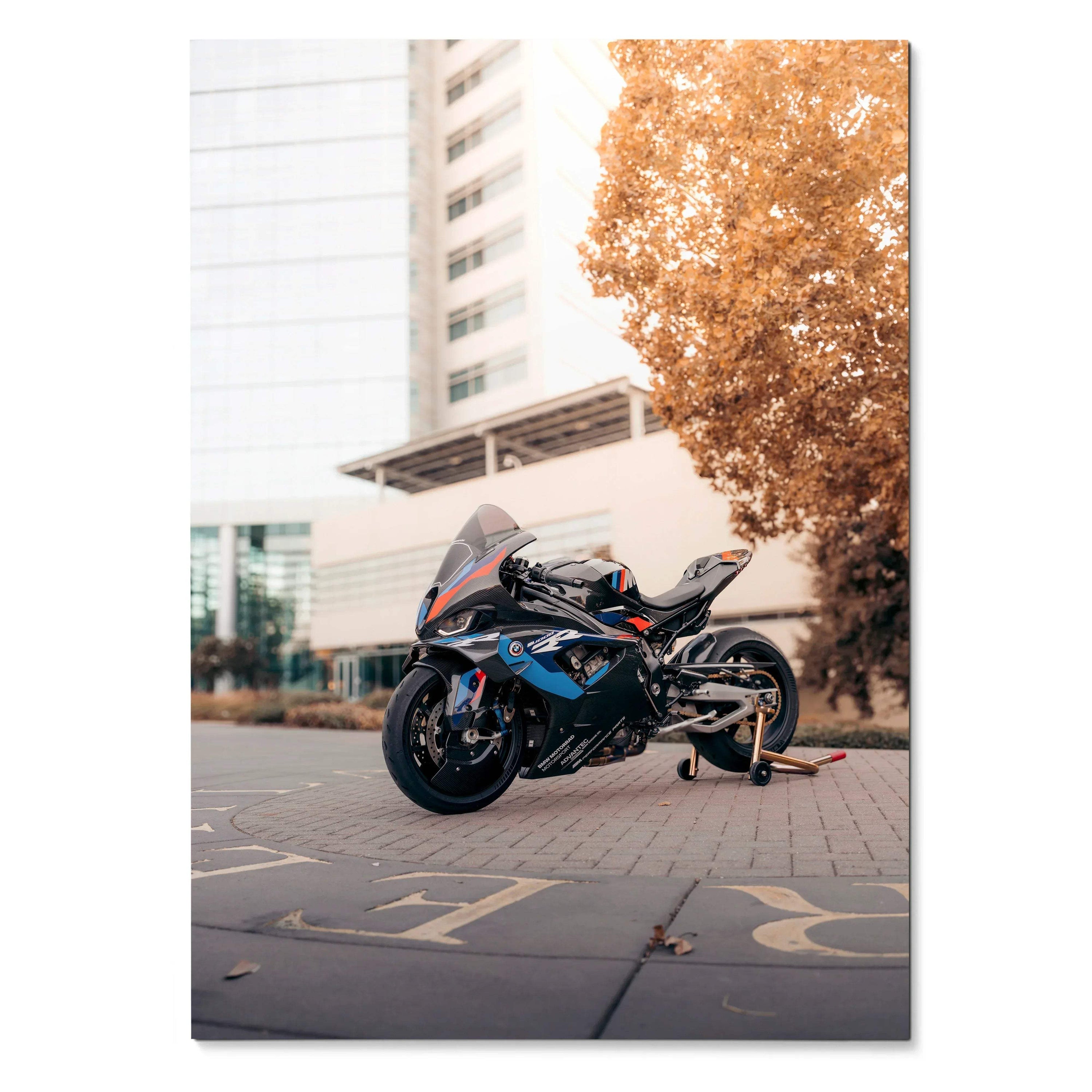 BMW M1000RR motorcycle poster with sleek black design and sunset tones, modern wall art.