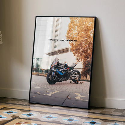 BMW M1000RR motorcycle motivational poster with inspiring text, modern wall art, autumn background.