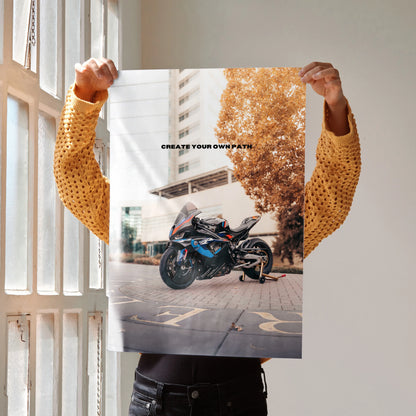 Motivational poster wall art featuring BMW M1000RR motorcycle with inspiring text "Create Your Own Path".