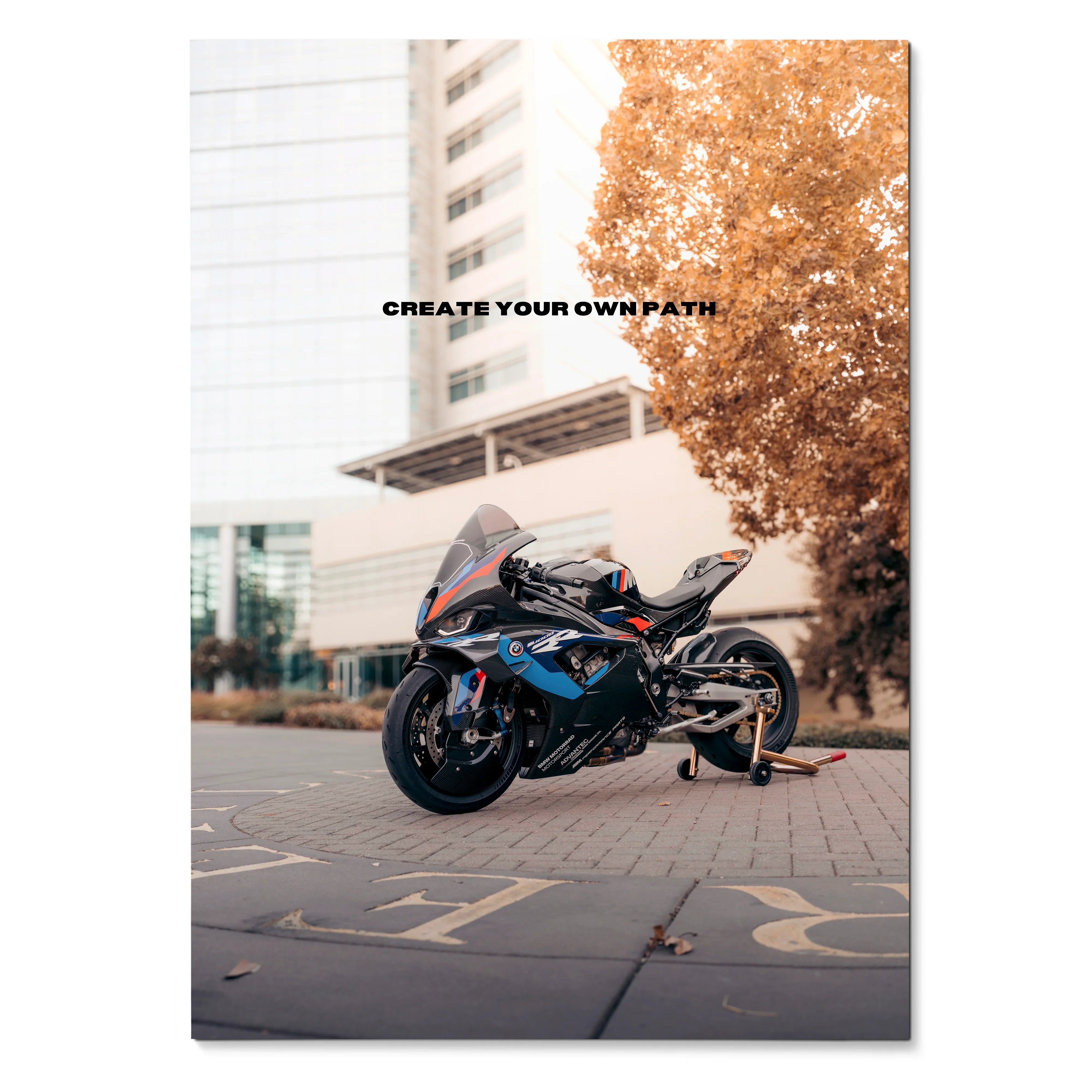 Motivational poster wall art featuring a black BMW M1000RR motorcycle with "Create Your Own Path" text.