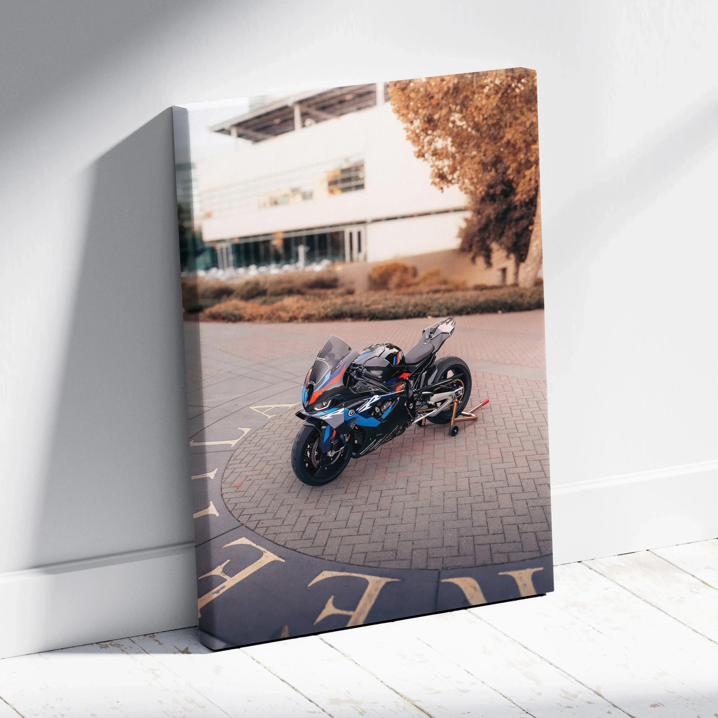 BMW M1000RR motorcycle canvas art with urban background, vertical wall art print.