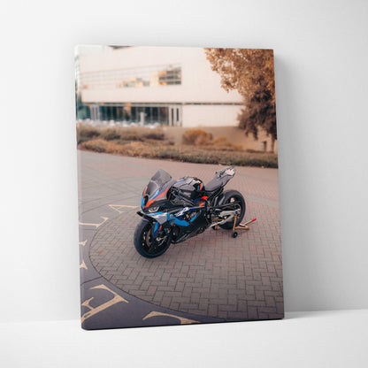 High-resolution vertical canvas art featuring BMW M1000RR motorcycle in outdoor setting for wall art display.