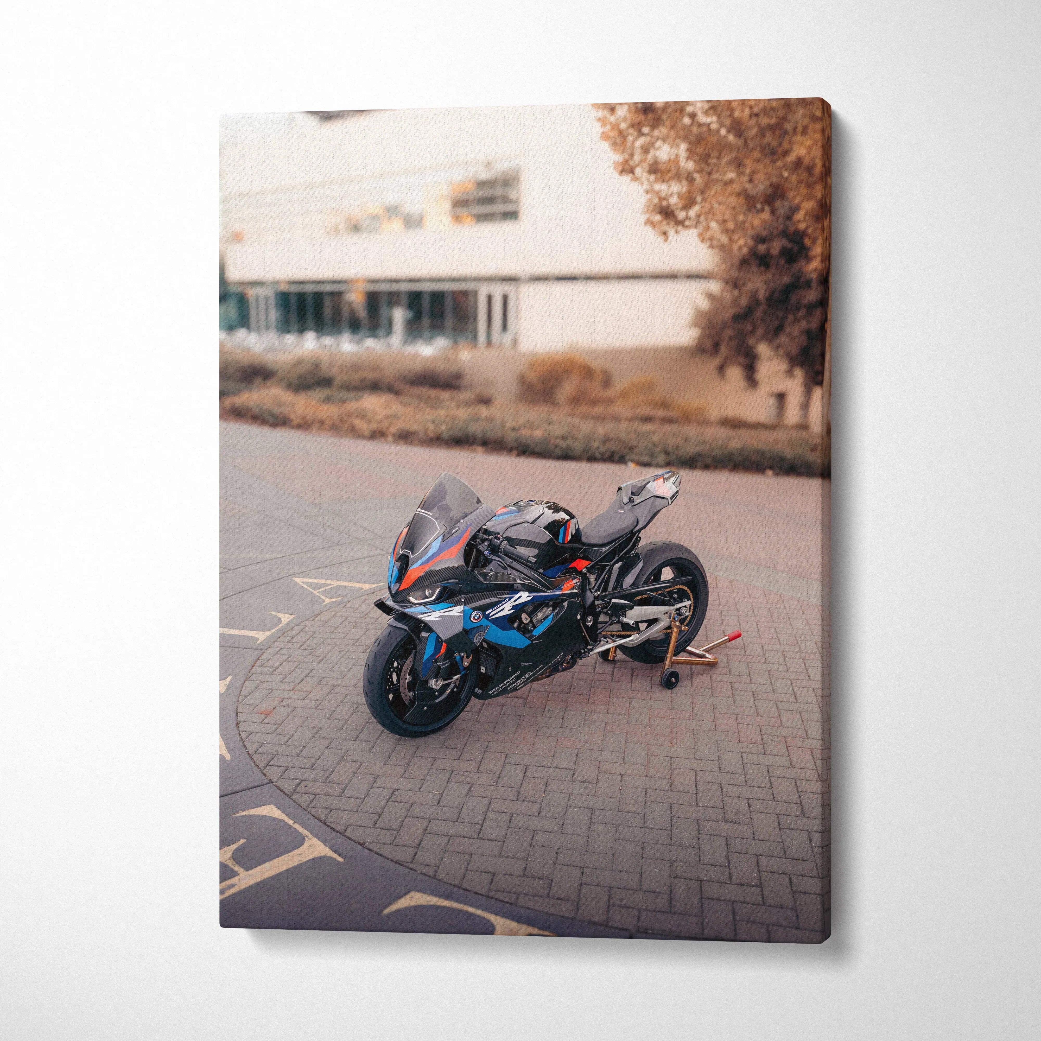 BMW M1000RR motorcycle canvas art with sharp detail and vibrant colors, vertical wall art.