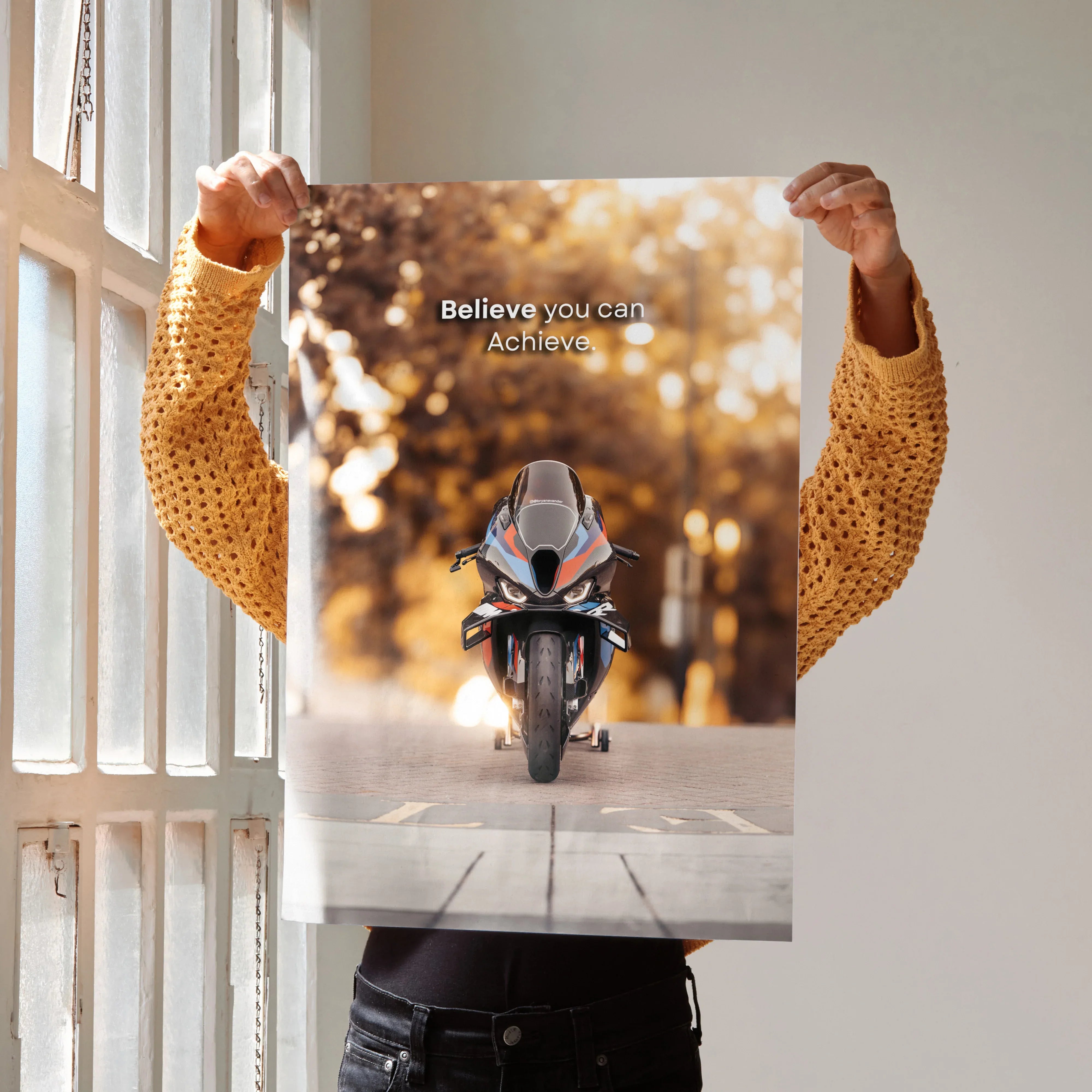 Motivational poster with BMW M1000RR motorcycle and inspiring "Believe you can Achieve" text wall art.