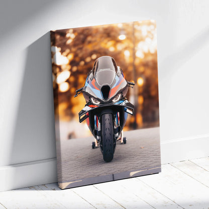 Vertical canvas wall art of a BMW M1000RR motorcycle with autumn background, high-resolution art print.