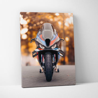 BMW M1000RR motorcycle close-up canvas wall art with autumn background, vertical canvas art.