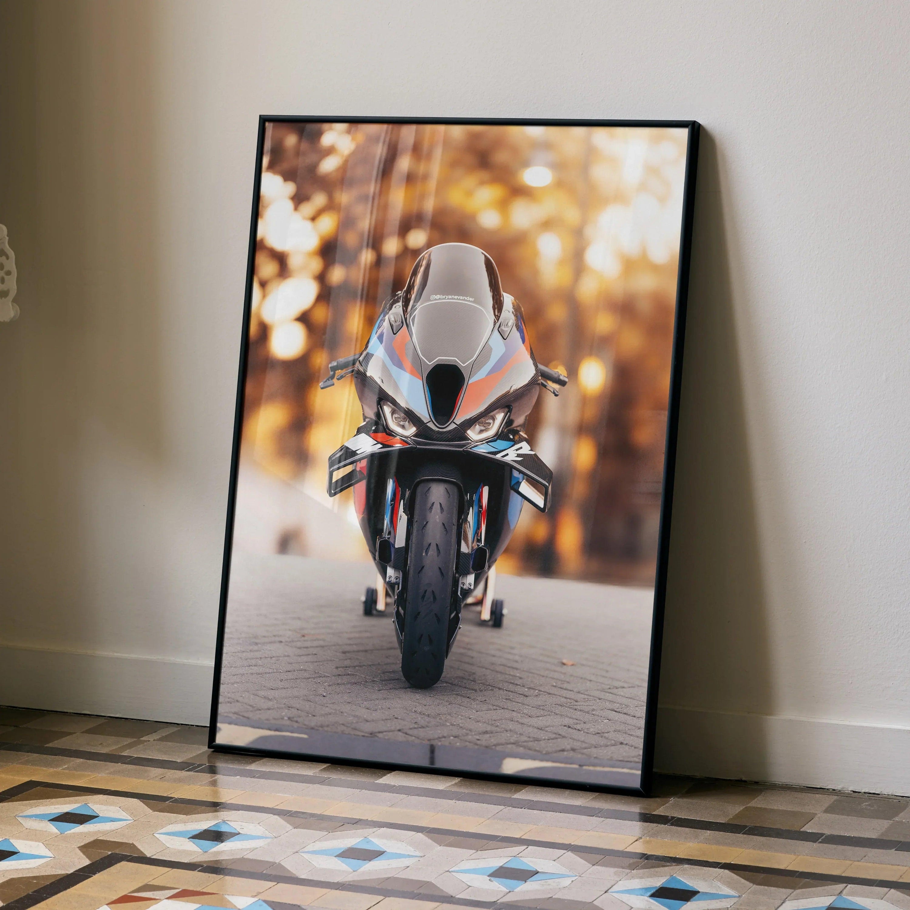 BMW M1000RR motorcycle poster with detailed front view and warm autumn background wall art.