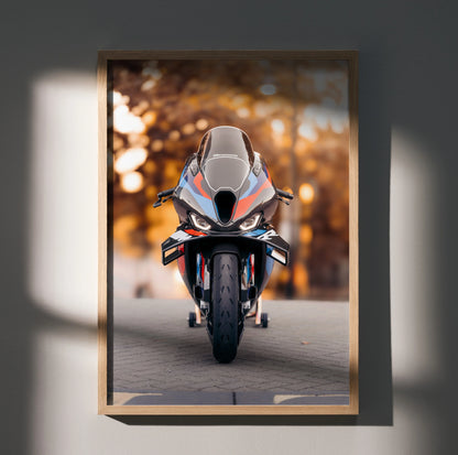 BMW M1000RR motorcycle front view poster with autumn background, premium wall art.