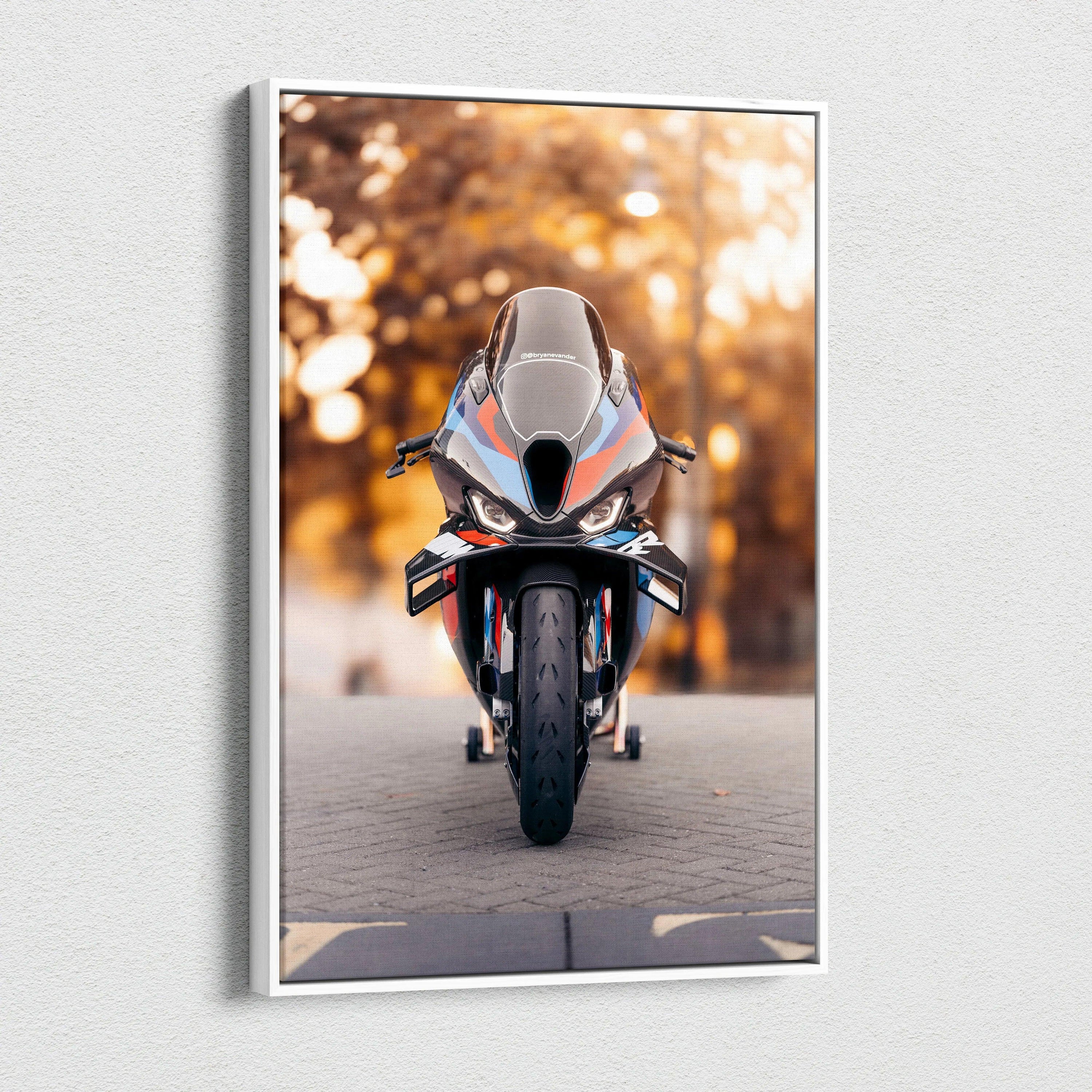 BMW M1000RR motorcycle front view canvas art with autumn background, vertical wall art.
