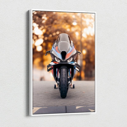 BMW M1000RR motorcycle front view canvas art with autumn background, vertical wall art.